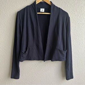 Cabi Easy Topper navy modal cotton cropped flyaway open cardigan knit sweater